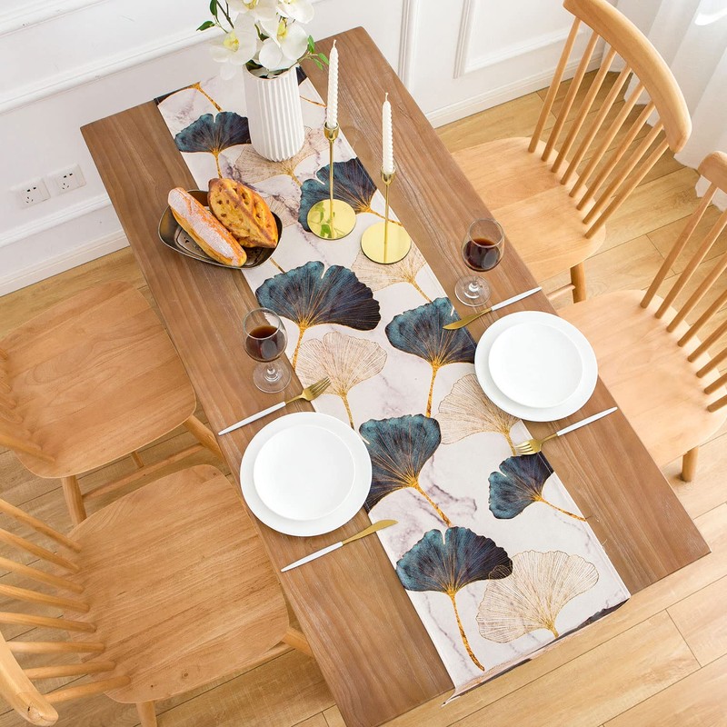 Table Runner Ginkgo Leaf Linen Waterproof Outdoor Polyester Durable Blue