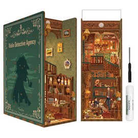 Tonecheer DIY Book Nook Kit for Adults, Wooden 3D Puzzle Bookend Bookshelf Insert Decor, Detective Booknook Miniature House Kit with Dust Cover and Body Motion Sensor LED (Violin Detective Agency)