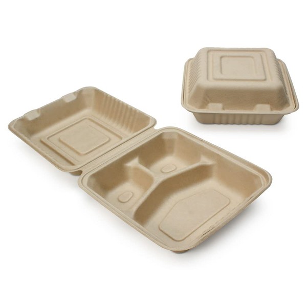 100% Compostable Disposable Food Containers with Lids [8”X8” 3-Comp 200 Pack] Eco-Friendly Take-Out TO-GO Containers, Heavy-Duty, Biodegradable, Unbleached by Earth's Natural Alternative