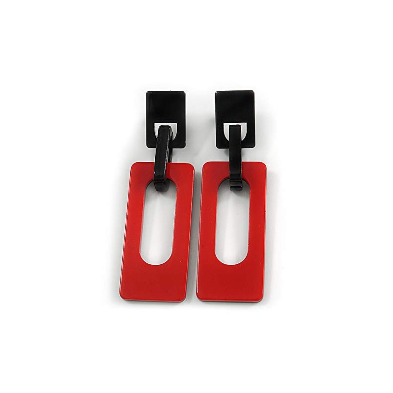 Red/Black Square Acrylic Drop Statement Earrings - 90mm Long