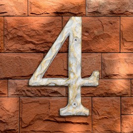 5.5 Inch High Home Address House Numbers- Unique Cast Iron Metal Mailbox Number/Letters for Outside or Front Door, Handmade Gold & White Finish (Number 4)