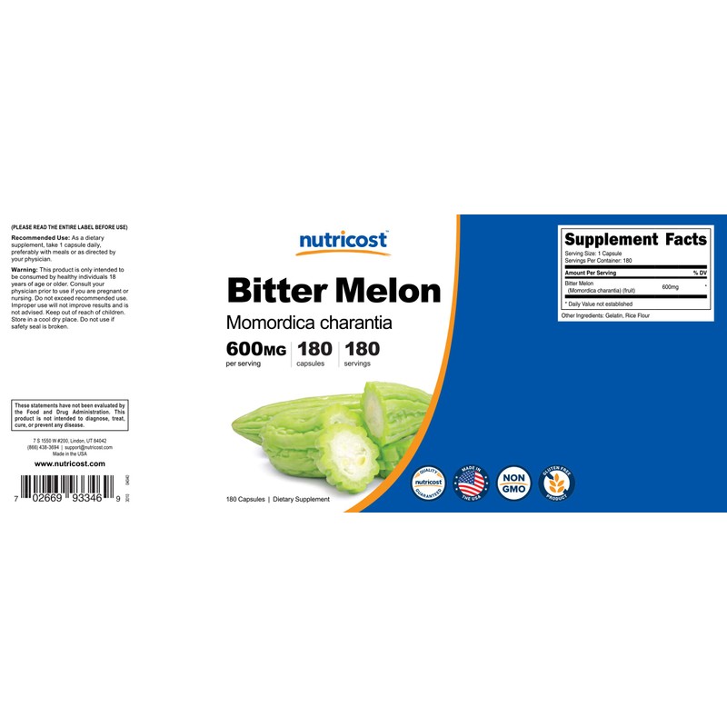 Nutricost Bitter Melon 600mg (2,400mg Equivalent), 180 Capsules - Gluten