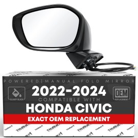 Driver Side Mirror Replacement - Compatible with 2022-2024 Honda Civic - Powered Adjustment, Manual Fold, Flat Glass - Smooth Black, 8H3P - OEM 76258T20A01, 76258T20A02, 76251T20, HO1320350