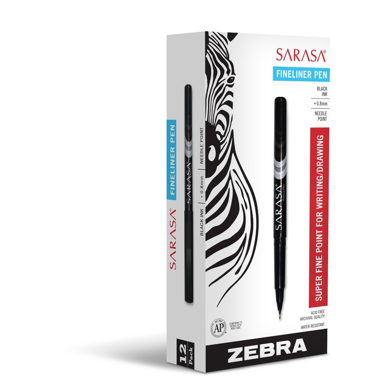 Zebra Sarasa Fineliner Pen, 0.8mm, Black, 12-Count
