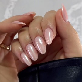 YOSOMMK Pink Glitter Acrylic Press on Nails Almond Shaped Medium Acrylic Nails Press ons Glossy Cover Artificial Fake Nail with Glue 24Pcs Stick on False Nail for Women in 12 Sizes