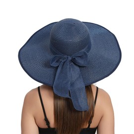 RVROVIC Women's Floppy Straw Sun Hat Foldable Summer Beach Hat Packable Roll Up Wide Brim Crochet Bucket Hat, dark blue, Unit size