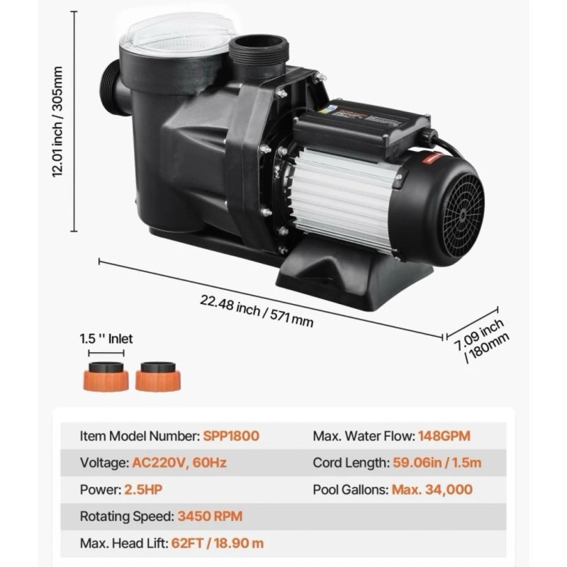 VEVOR 2.5 HP Above Ground Swimming Pool Pump Single Speed