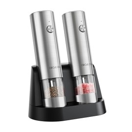 CIRCLE JOY Electric Salt and Pepper Grinder Set Stainless Steel Spice Grinder Automatic Pepper Mills with Easy-to-Carry Dual Charging Station, White Led Light, and Adjustable Coarseness, Silver