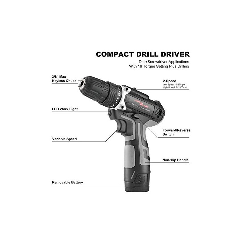 SALEM MASTER Cordless Power Drill, 12V Power Drill 30Nm, 3/8”