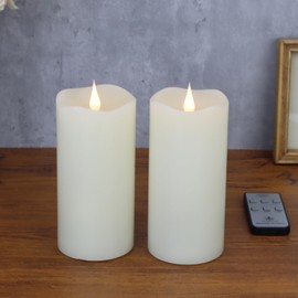 TECHLONG Flameless Candles with Remote Timer, 3D Moving Flickering Flame Battery Operated Candles Lasting 1000+ Hours, 6" x 3" Ivory Real Wax Electric LED Pillar Candles, Set of 2