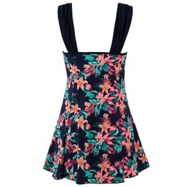 Wantdo Women's One-Piece Swim Dresses Plus Size Skirtini Tummy Control Swimsuits Summer Swimming Costume with Skirt Rhododendron Print 24-26