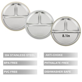 PandaEar 3 Pack Stainless Steel Baby Suction Plates & 3 Pack Baby Led Weaning Spoons, Toddler Utensils Baby Feeding Set, Divided Plates for Self-Feeding Training, BPA-Free