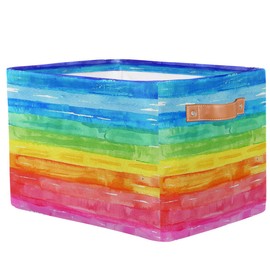 Peaom Watercolor Rainbow Storage Basket for Shelves, Storage Bins with Handles, Collapsible Basket for Organizing, Closet Toy Baskets for Nursery Room, 15x11x9.5 in, Canvas, Rainbow Colored