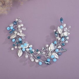 Teyglen Silver Leaf Blue Crystal Hair Vine Bridal Rhinestone Headband Handmade Crystal Pearl Hair Piece Leaf Headpiece Wedding Hair Accessories for Women (Lake blue)