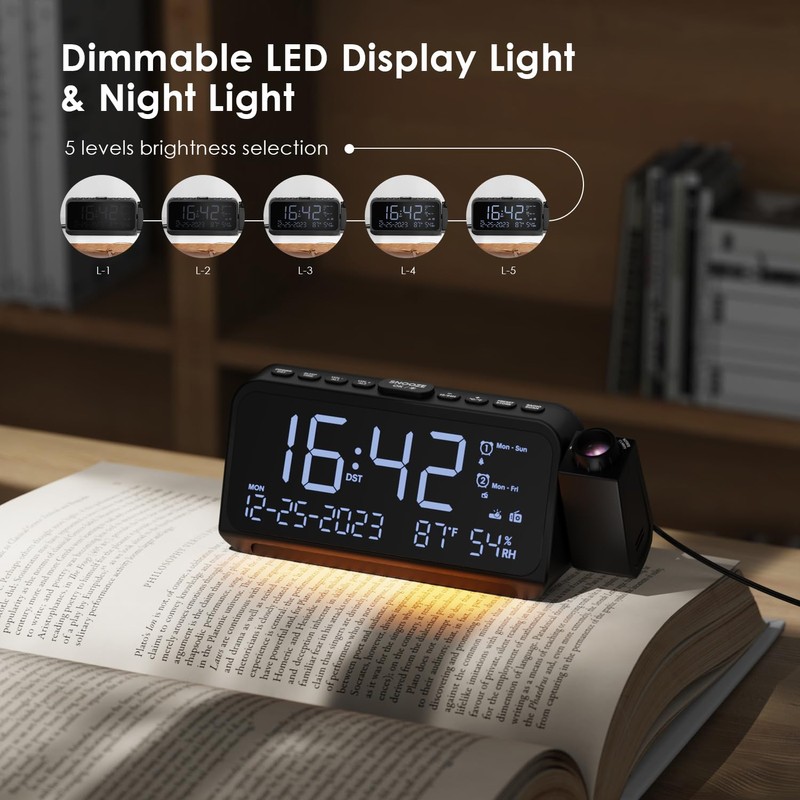 Radio Alarm Clock with Projection, Projection Alarm Clock for Bedroom,