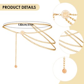 Lusofie Waist Chain Women's Gold Metal Chain Belt Multi-Layer Adjustable Body Chain Vintage Women Girls Dress Jeans Waist Chain 130 cm, Aluminium
