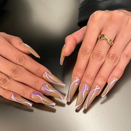 Press on Nails Long Coffin False Nails Brown Fake Nails with Rhinestones and Swirl Designs Acrylic Nails Full Cover Stick on Nails Glue on Nails for Women 24 Pcs