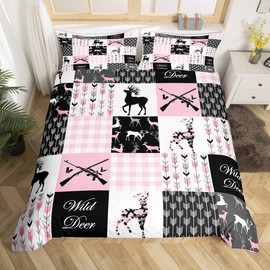 Camo Antler Bedding Set Queen Size Kids Deer Hunting Pink Plaid Buffalo Comforter Cover Set for Boys Teens Farmhouse Cabin Camouflage Boho Arrow Duvet Cover Wild Animal Bedspread Cover Quilt Cover