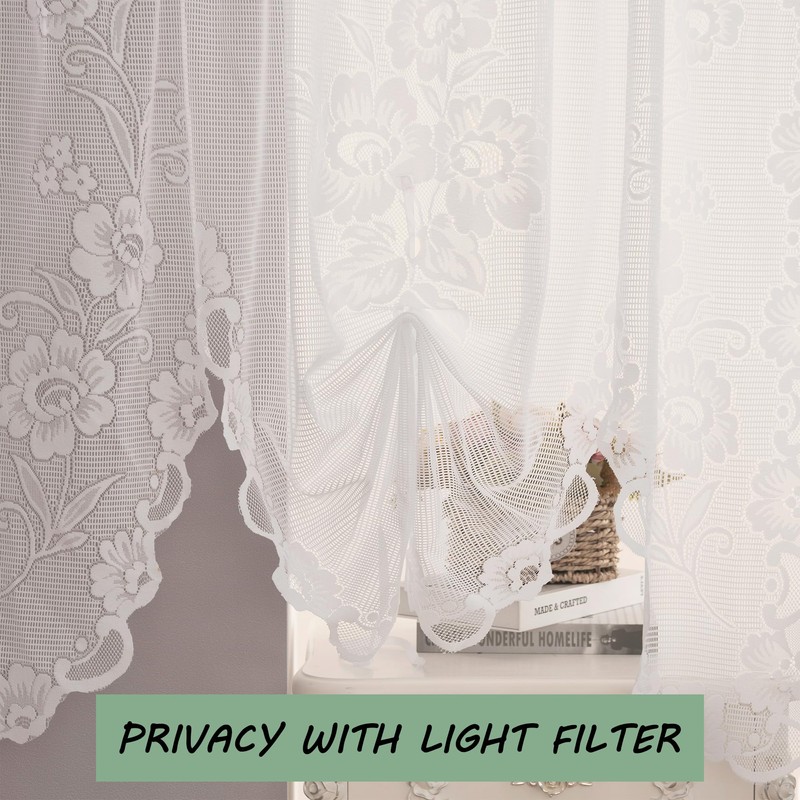 Jayla White Semi-Sheer Floral Lace Curtain Swag for Kitchen Half