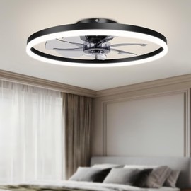 VOLISUN Low Profile Ceiling Fans with Light and Remote,23.6in Fandelier Ceiling Fan with Lights, 3000K-6500K Dimmable Flush Mount LED Fan Light, Black Bladeless Ceiling Fans with Lights for Bedroom
