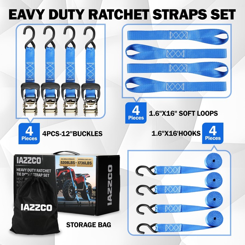 Heavy Duty Ratchet Straps, 1.6" x16' with S Hooks &