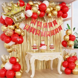 Red and Gold Birthday Decorations for Women with Red White Gold Balloons Happy Birthday Banner Metallic Gold Fringe Curtain for 21st 25th 27th 30th 35th 40th 50th 60th Women Birthday Decorations