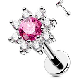 OUFER 16G Flower Helix Stud Internally Threaded Flat Back Earring Stainless Steel 316L Conch Jewellery Ruby CZ 6 mm Cartilage Earring Tragus Piercing Lip Stud