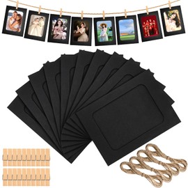 Worldity 100 Pcs Paper Picture Frames 4 x 6, Black Paper Picture Frames with Wooden Clips and String, Hanging Photo Display for Home, Office, Wedding and Party Decor, Photo Holder for Wall