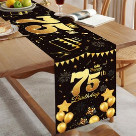 Happy 75th Birthday Table Runner Black Gold 72 Inch Long Celebrate 75th Birthday Table Runner for 75 Years Old Men Women Birthday Anniversary Party Decor Non-Slip Dining Table Linen Cloth Decorations