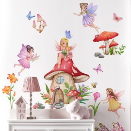 Fairy Girls Wall Decals Mushroom with Flowers Butterfly Wall Stickers for Baby Nursery Girls Bedroom Wall Decor