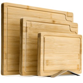 DOBADN Bamboo Cutting Board Set for Kitchen,Set of 3 Chopping Boards with Juice Groove, Natural Wood Cutting Boards with Stainless Steel Holder, Cutting Board Set for Butcher Block, Cheese, Vegetables