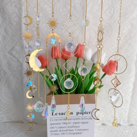 6pcs Crystal Suncatchers Window Sun Catcher with Chain, Garden Rainbow Maker Hanging Wind Chime Crystal Prisms Ornament for Wedding, Party, Bedroom Decor