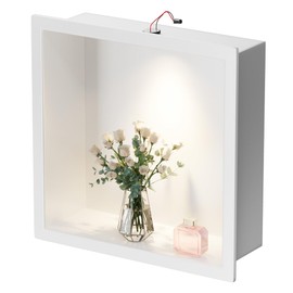 Qeke Stainless Steel Shower Niche 12" X 12", No Tile Needed Wall Niche with Non-Dimmable Led Downlight, Recessed Shower Shelf for Bathroom Storage, Over Mount Installation, Matte White
