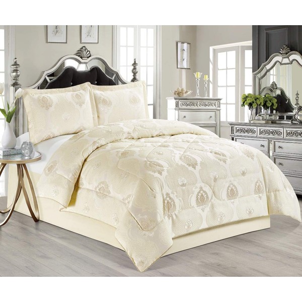 Luxurious 3 Pcs Jacquard Bedspread Quilted Comforter with Matching Pillow Cases Bedding Set Irene Beige Double