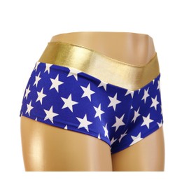 Cheeky Star-Print Booty Shorts with Gold Metallic Waistband – Perfect for Cosplay, Pole Fitness, and Festivals (M)