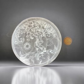Real Selenite Charging Plate with Engraving "Tree of Life" Diameter 13.5 cm - Heavy Design 500 g - with Small Acrylic Stand