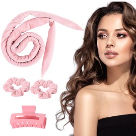 Heatless Curls Band, Curls Without Heat, Overnight Curls, Hair Band Curls Overnight, with Large Hair Clips and Scrunchies, for Medium Long Hair (Pink)