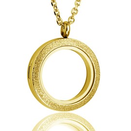 BG247 Stainless Steel 30mm Glass Floating Memory Living Locket Circle Necklace (Gold Circle, Glitter)