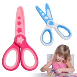 Amexo Set of 2 Children's Scissors, Round Tip Scissors for Right-Handed and Left-Handed Users, Craft Scissors, Paper Scissors, Beginner Scissors Made of ABS Plastic, Blue & Pink