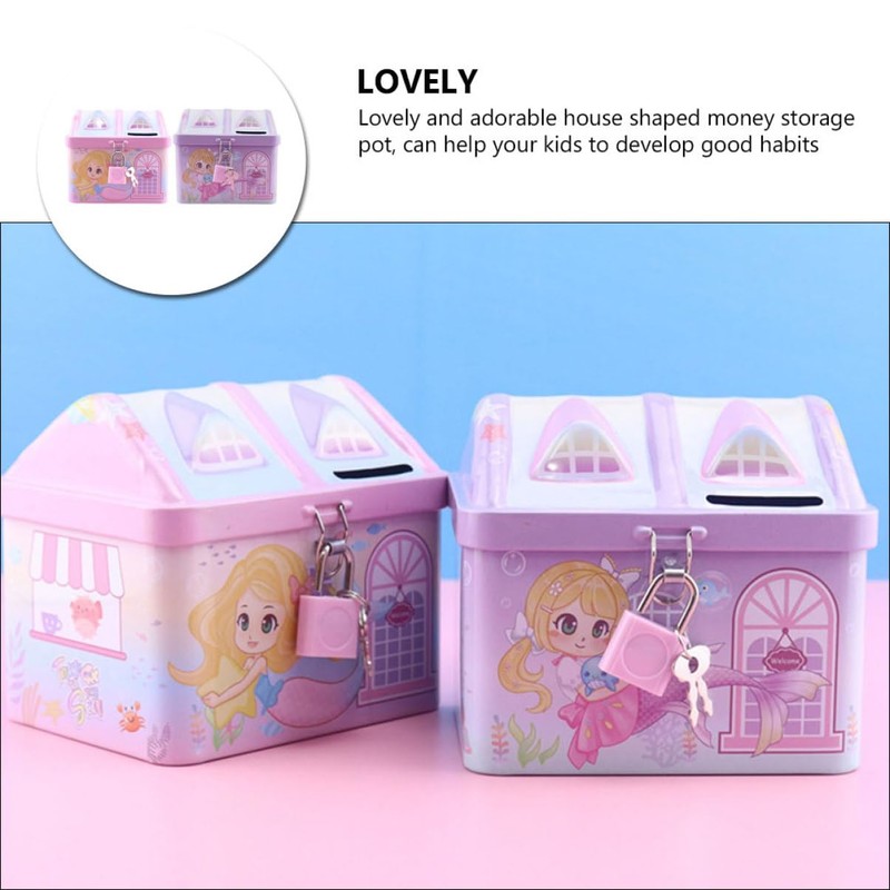 Mobestech 2pcs Adorable Mermaid Pattern Tinplate Coin Bank House Shaped