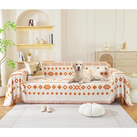 Tritard Boho Couch Cover Reversible Bohemian Sectional Couch Covers Orange Sofa Loveseat Covers Chenille Cushion Covers with Tassel Washable Couch Protector for Dogs Cats Pet Futon Cover (71"-118")
