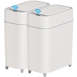 2-Pack - Bathroom Trash Can Automatic Touchless - 2 Gallon Slim Motion Sensor Garbage Can - Waste Basket for Bedroom, Laundry room, Small Spaces - Narrow Automatic Trash Bin - White with Grey Edge