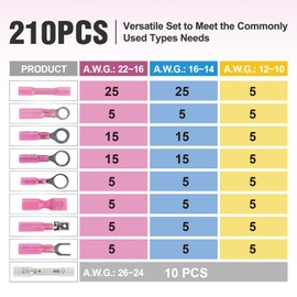 KYHSHJ Multipurpose Waterproof Electrical Wire Terminals kit，Waterproof Heat Shrink Wire Connectors,Ring Fork Spade Butt Splice Insulation Crimp Connectors for Auto Marine Truck - 210 Pieces