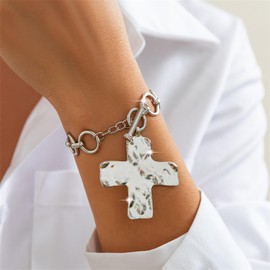 Annpro Charm Cross Heart Bracelet for Women,Punk Chunky Cross Religious Bracelets Vintage Love Pendant Link Chain OT Clasp Christian Jewelry (Style-B)