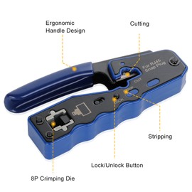 RJ45 Crimp Tool Kit Pass Through Ethernet Cat6 Cat6a Cat5e Crimping Tool with 20PCS Cat6 Pass-Thru Connectors,1 Wire Cutter Plier,1 Mini Wire Stripper and 1 Network Cable Tester