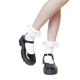 SHUCLASS White Socks, 1/2 Pair Set, Cotton Fabric, Lolita Socks, School Entrance Ceremony, Tea Party, Jk Style, Uniform, Cosplay, Adult, Cute, Moe Bishoujo Bowknot Ribbon, Lace Frill, White Short