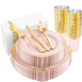 Morejoy 175pcs Pink Plastic Plates - Pink and Gold Disposable Plates sets, Include 25 Dinner Plates,25 Dessert Plates,25 Cutlery Sets,25 Napkins Perfect for Wedding & Party & Holiday & Christmas