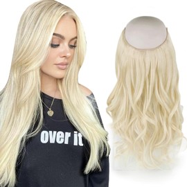 Sassina Invisible Wire Hair Extensions Real Human Hair with Transparent Wire Adjustable Size Secure Clips Natural Straight Secret Miracle Hairpiece, #60 Platinum Blonde 14 Inch 70 Gram