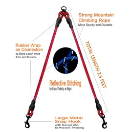 DDSCOLOUR Double Dog Leash Coupler, No Tangle 360° Swivel Reflective Double Lead Dual Two Dog Lead Splitter, fo Fits Small Medium Large Dogs,30 inch（Diameter:0.8-1.2cm,Red