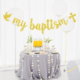 My Baptism Banner, Spanish Baptism Decorations, First Holy Communion, God Bless, Christening/Baptism Party Decorations Gold Glitter
